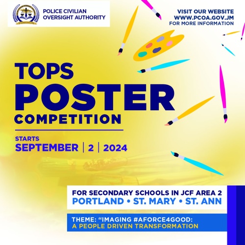 PCOA CEO, Otarah Byfield Nugent (left), presents artworks from the Area 1 Transforming Our Police Service (TOPS) Poster Competition for Secondary Schools in 2023 to the Ministry of National Security. On hand to receive the framed artworks are Minister of State in the Ministry of National Security, Hon. Juliet Cuthbert-Flynn (centre),  and Permanent Secretary, Ambassador Alison Stone Roofe.